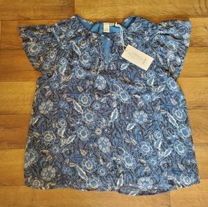 Joie Blue Floral Flutter Sleeve Tie Neck Lined Chiffon Blouse Top Size Small